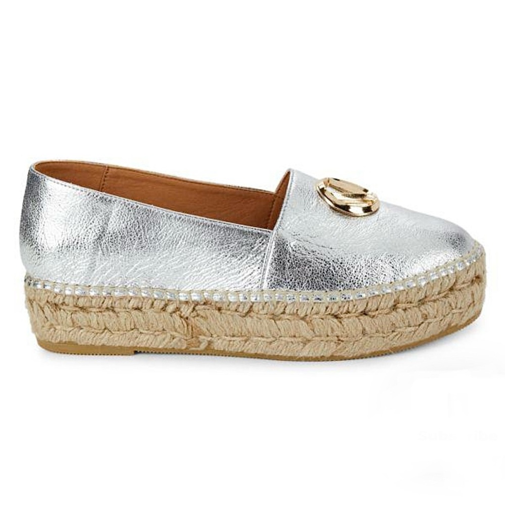 Valentino Silver Espadrille Shoe Size 9 Gold Logo Platform Jessica Closed Toe - Picture 17 of 17
